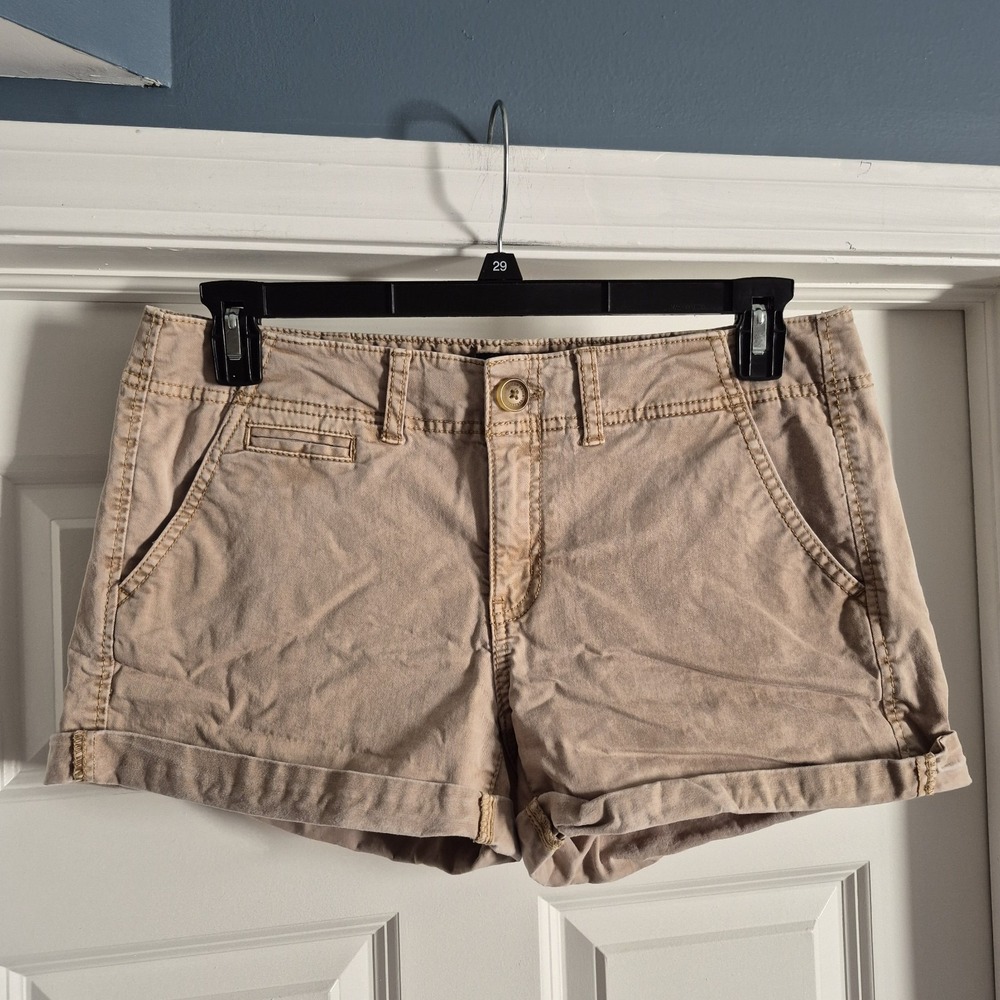 Y2K American Eagle Shorts Womens 12 Khaki Tan Shortie Micro Mini Bootie Preppy - Picture 2 of 9
